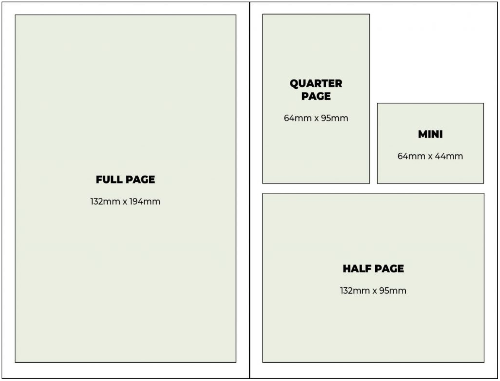 Diagram showing the mini, quarter page, half page and full page advert sizes